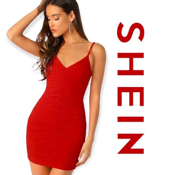 shein red bodycon dress Shein red dress square neck side slit zipper sleeveless 6 midi bodycon  bargain